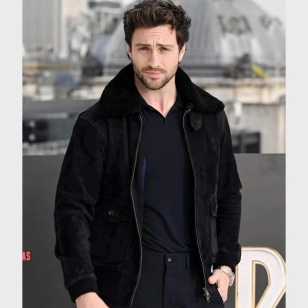 Aaron Taylor Johnson Shearling Bomber Jacket Blue
