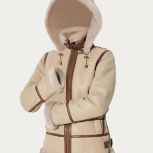 Alicia Beige Aviator Shearling Fur Hooded  Leather Jacket-