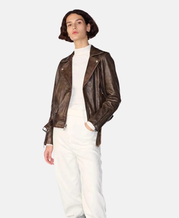 Ariana Brown Motorcycle Leather Jacket With Gold Hardware