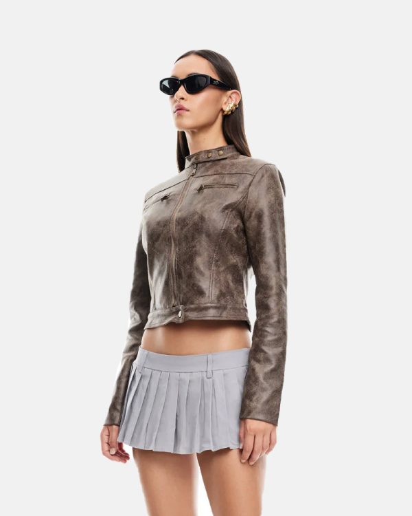 BellaMotoChocolateDisressedCroppedLeatherBikerJacket