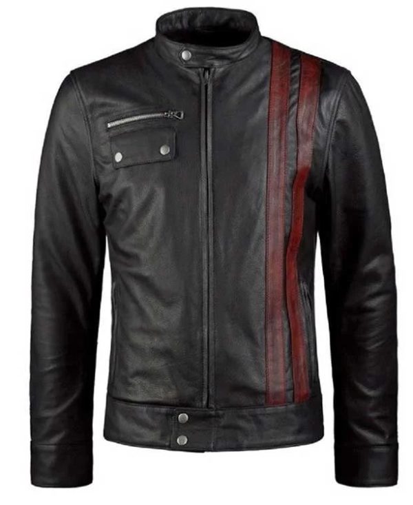 Men Black Biker Leather Jacket With Red Stripes