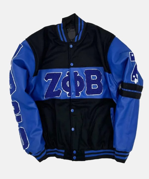 Blue Zeta Phi Beta Ole Skool Full-Snap WoolLeather Varsity Bomber Jacket