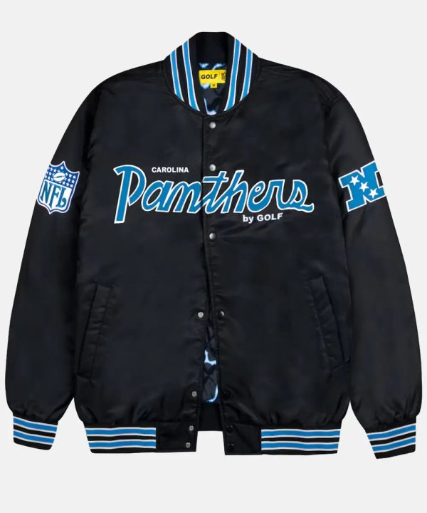 Mens Carolina Panthers GOLF WANG Black Satin Full-Snap Bomber Jacket