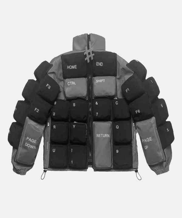 Christine Quinn Black And Grey Keyboard Quilted Puffer Jacket For Sale