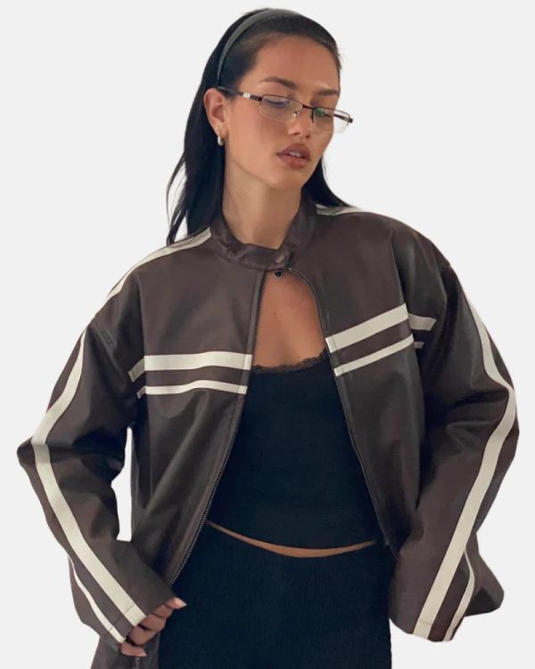 ColtonPUChocolateWithIvoryStripeLeatherJacket