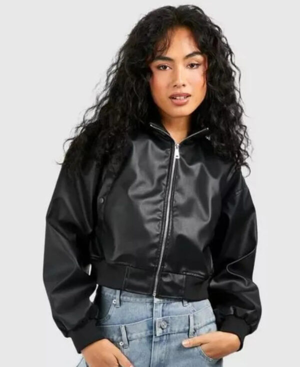 Cropped Bomber Leather Jacket