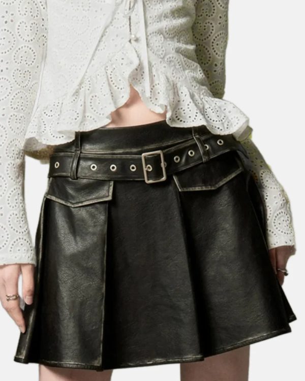 Diddi Moda Retro Black Leather Belt Pleated Skirt