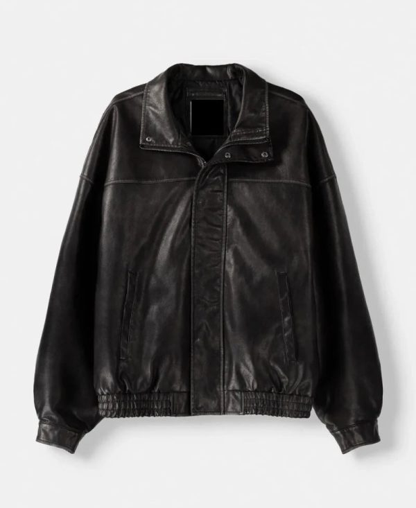Distressed Leather Oversize Jacket Black