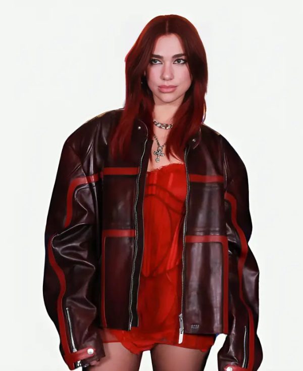 DuaLipaBritAwards2024MaroonLeatherOversizedJacket