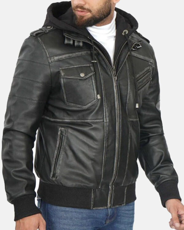 EdinburghGreyLeatherBomberJacketRemovableHood