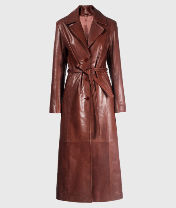 EmilyRatajkowskiBrownBeltedLeatherTrenchCoat