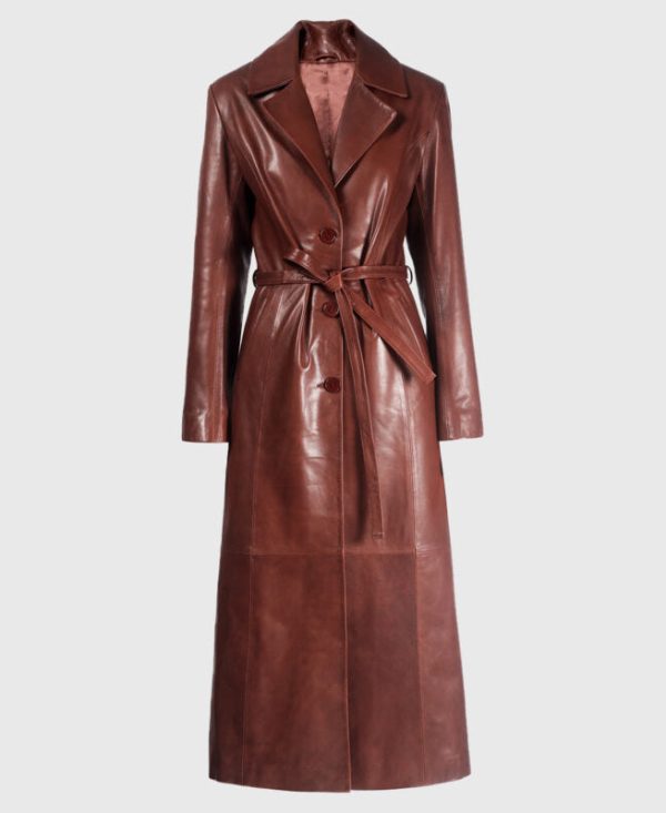 EmilyRatajkowskiBrownBeltedLeatherTrenchCoat