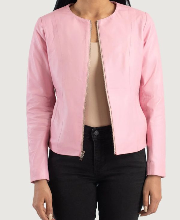 EmmaStoneCollarlessPinkLeatherJacket