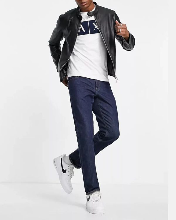Armani Exchange Black Leather Biker Jacket For Men