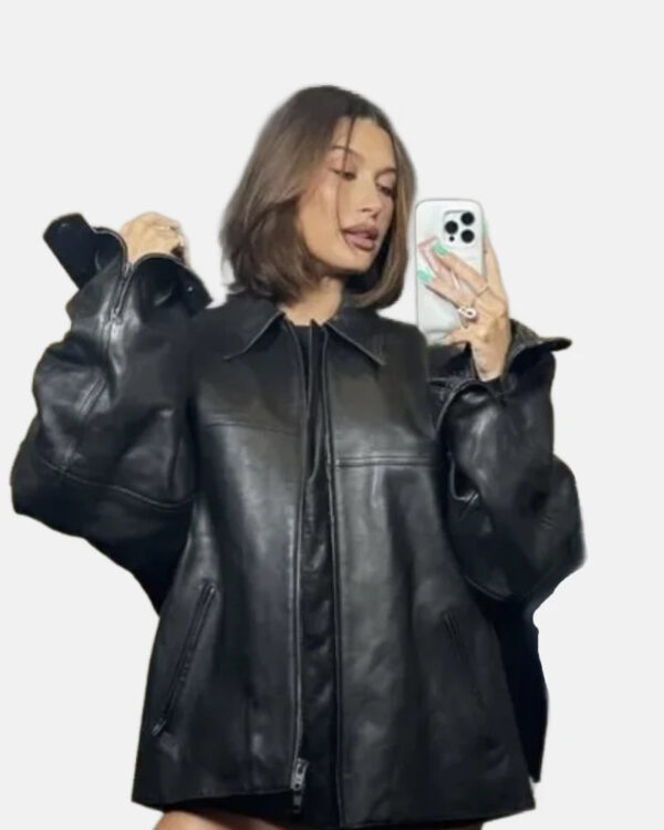 Hailey Bieber Coachella 2024 Black Leather Jacket