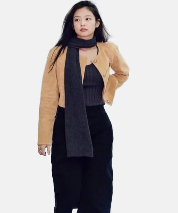 JennieKimBrownSuedeLeatherCropeJacket