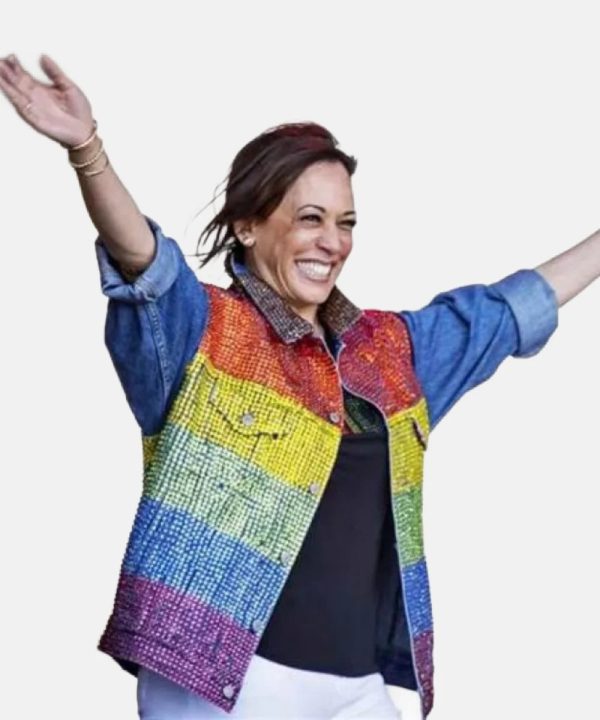 KamalaHarrisGayPrideFlagDenimRainbowJacket