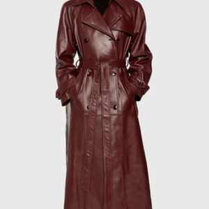 Selena Gomez Maroon Leather Trench Coat
