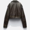 Leather Effect Oversized Brown Cropped Leather Biker Jacket
