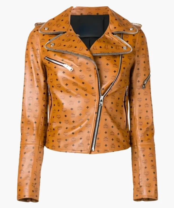 MCM All Over Logo Brown Leather Jacket Women's