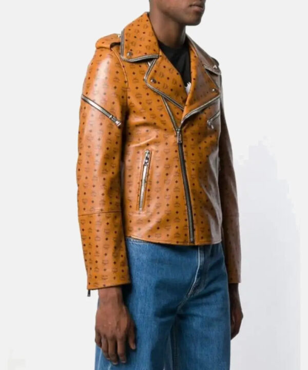 Analyzing image     MCMAllOverLogoBrownLeatherBikerJacket