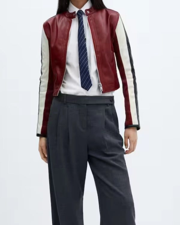 Mango Red Cherry Crop Leather Biker Jacket