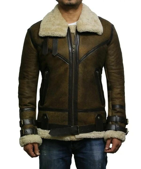 MenBrownShearlingWaxBomberFurLeatherJacket
