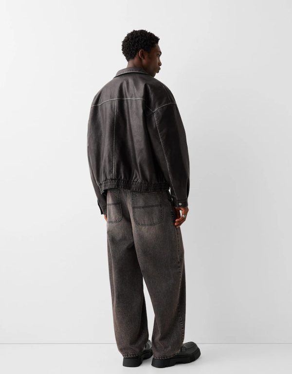 Mens Black Distressed Faux Leather Oversize Jacket
