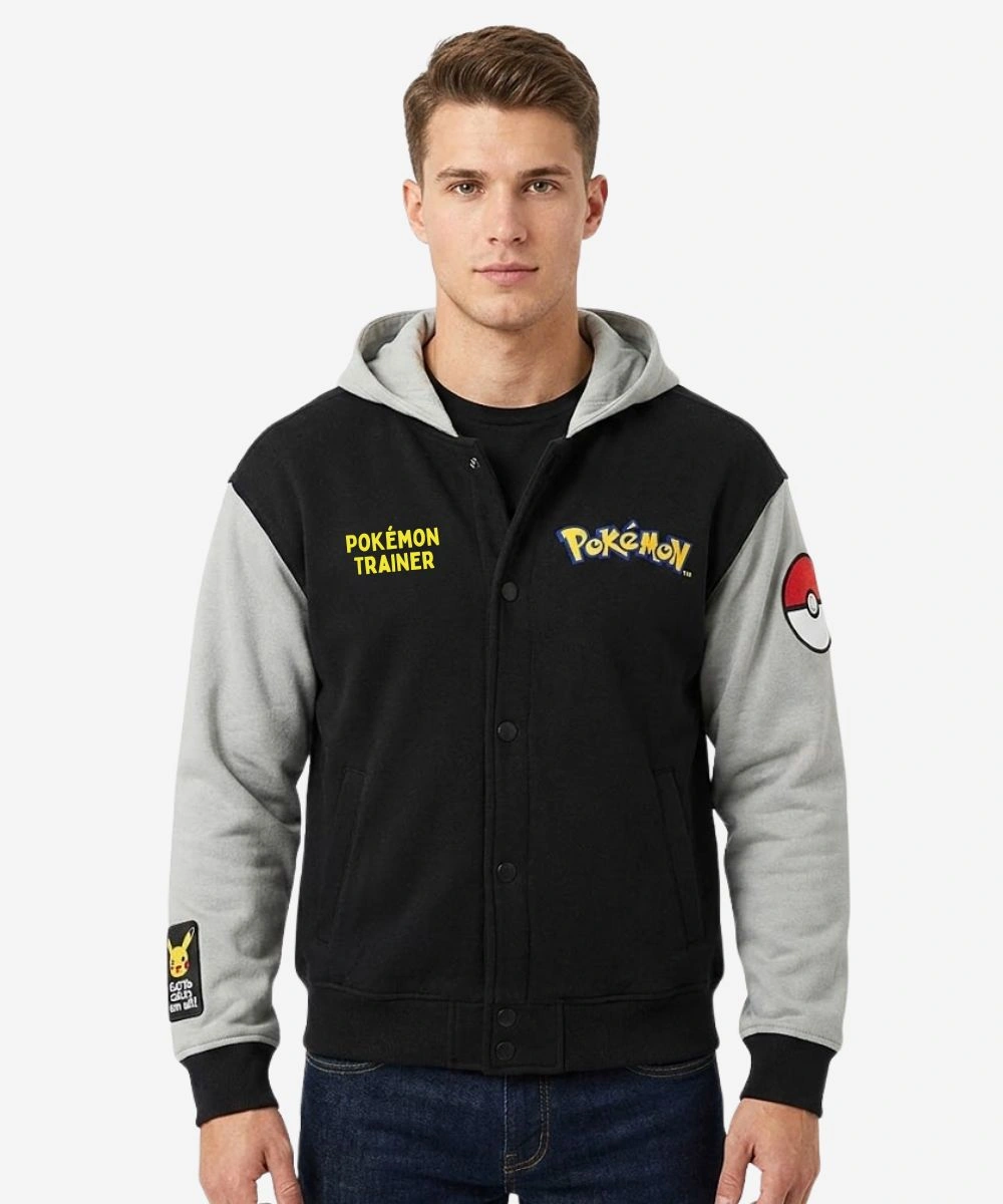 Men's Abercrombie Pokemon Black & Grey Hooded Bomber Jacket For Sale
