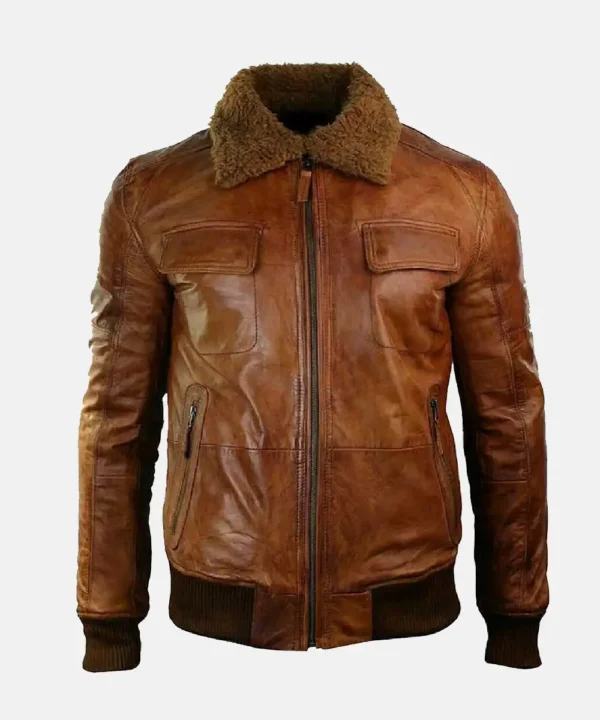 Men's Brown Bomber Fur Collar Brown Leather Jacket