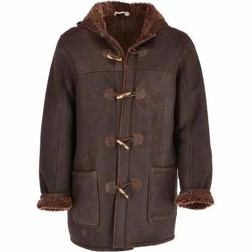 Men's Brown Fur Duffle Long Coat with Detachable Hood