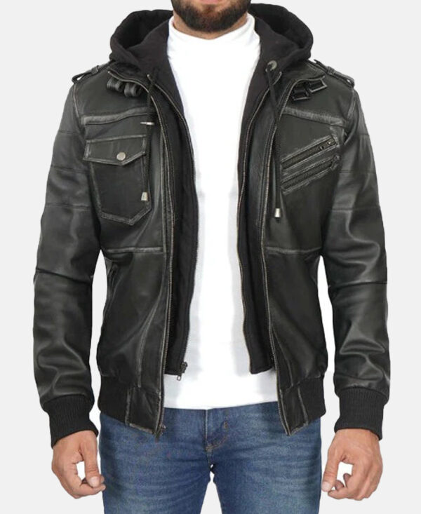MensEdinburghGreyLeatherBomberJacketRemovableHood