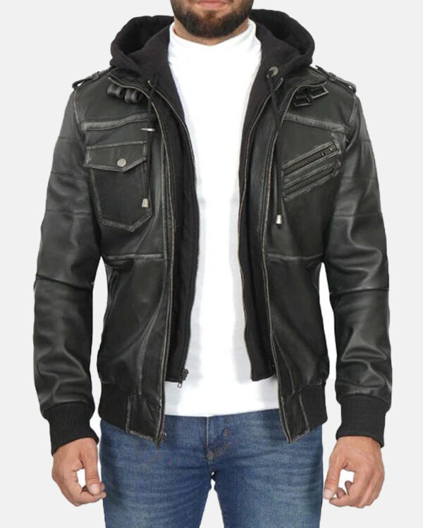 MensEdinburghGreyLeatherBomberJacketRemovableHood