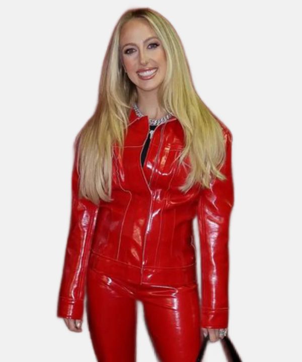 Monday Night Chiefs Vs Saints Game  Brittany Mahomes Red Leather Jacket