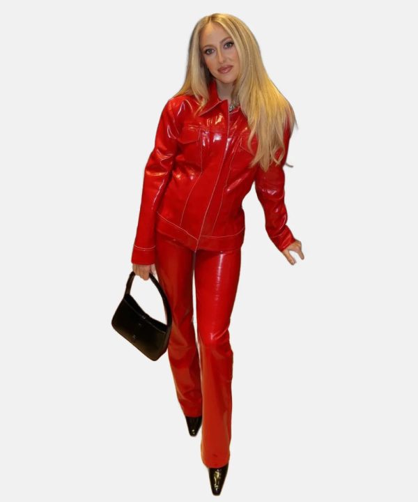 Monday Night Chiefs Vs Saints Game  Brittany Mahomes Leather Jacket Red
