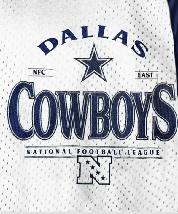 NFL Dallas Cowboys Gameday Couture Oversized Blue and White Satin Varsity Bomber Jacket