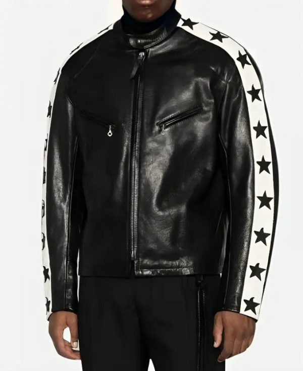 OdellBeckhamJr.SuperBowlPartyBlackLeatherCafeRacerJacket