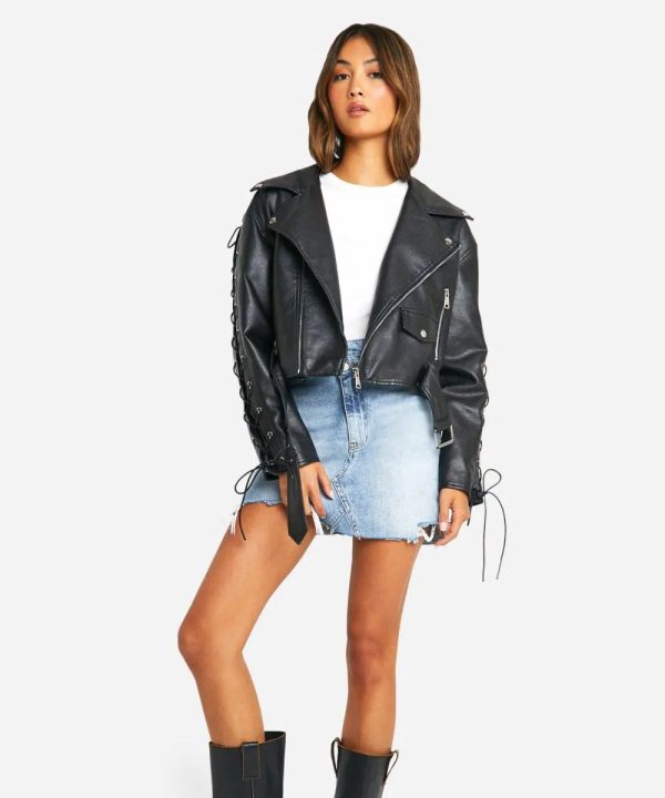 Oversized Black Leather Biker Jacket - Image 5