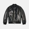 Padded Tumbled Black Leather Bomber Jacket