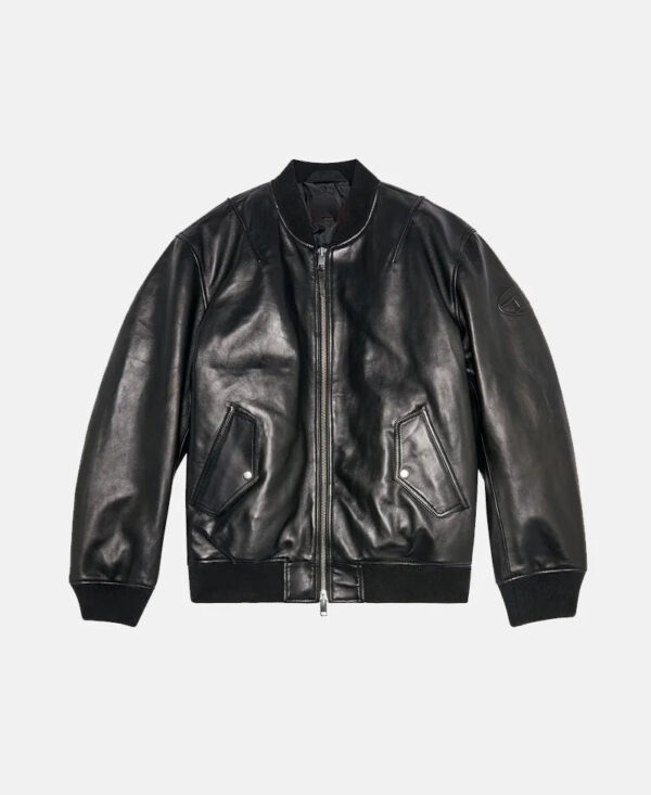 Padded Tumbled Black Leather Bomber Jacket