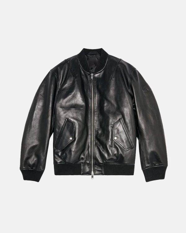 Padded Tumbled Black Leather Bomber Jacket