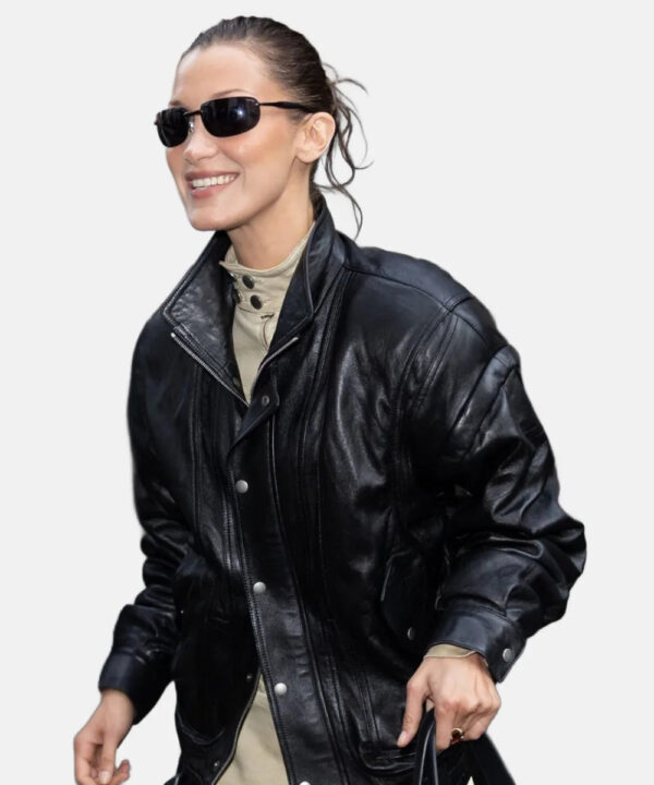 ParisFasionWeekBellaHadidBlackLeatherMotoJacket