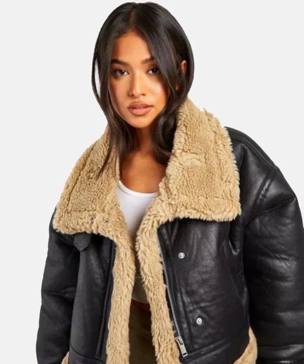 PetiteTeddyTrimAviatorBrownShearlingLeatherFurJacket