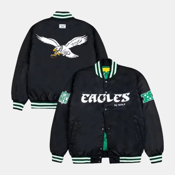 Philadelphia Eagles GOLF WANG Satin Full Snap Bomber Black Jacket