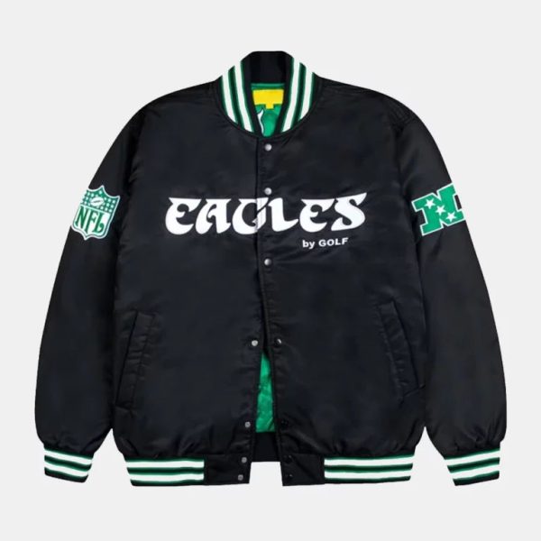 Philadelphia Eagles GOLF WANG Satin Full Snap Bomber Jacket Black