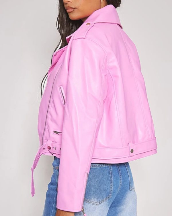 Pink Oversized Faux Leather Biker Jacket