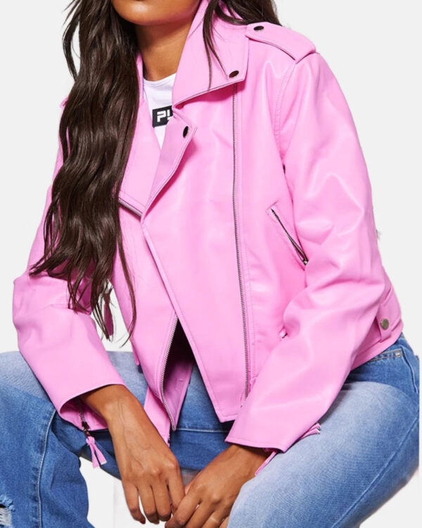 Pink Oversized Faux Leather Quilted Biker Jacket