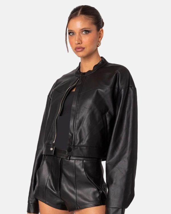 Ramona Black Faux Leather Cropped Biker Jacket