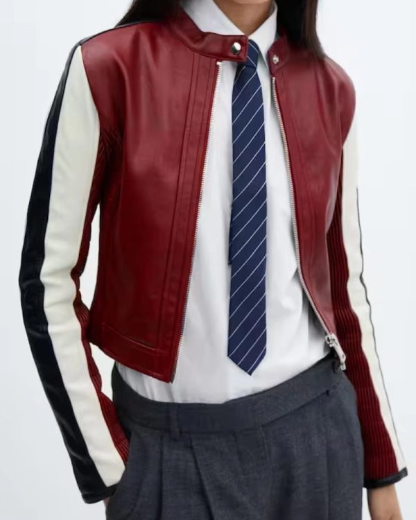 Red Cherry Crop Leather Biker Jacket Mango Women
