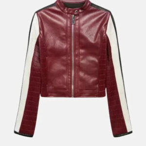 Red Cherry Crop Leather Biker Mango Jacket